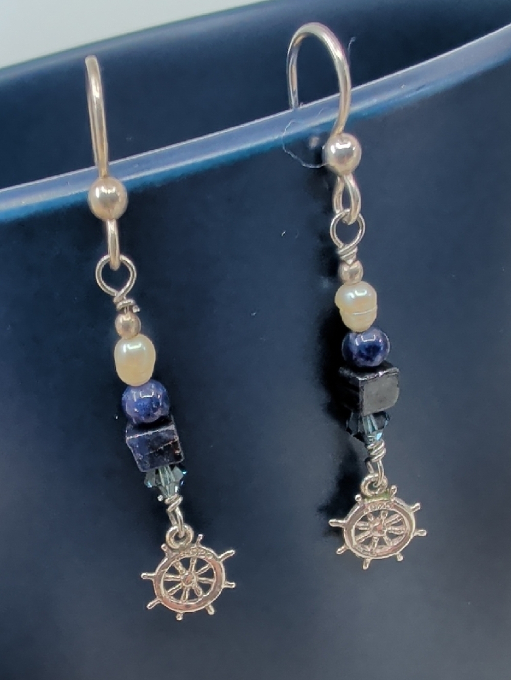 Sterling Silver Nautical Wheel Dangle Earrings with Navy and Pearl Beads - Picture 12 of 17
